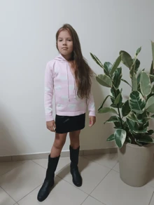 Children's Knitted Blouse Hearts With Hood Long Sleeve (Lilac, Gg) - 淺粉色 - 查看 2