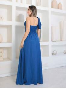 Victoria Long Luxury Dress Plain Duna Linen With Bow One Shoulder - Royal Blue - View 4