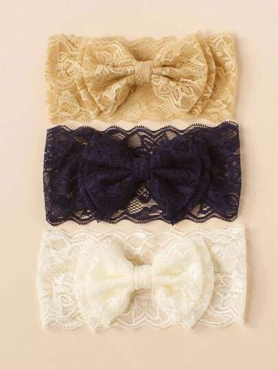 3pcs Baby Girls Flower Printed Double Layered Bow Lace Headband, Cute & Breathable, Suitable For Parties, Photography, Daily Wear, Spring/Summer