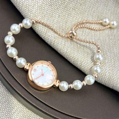 1pc Women Adjustable Pearl Strap Round Dial Alloy Chain Bracelet Watch, Fashion Student Watch