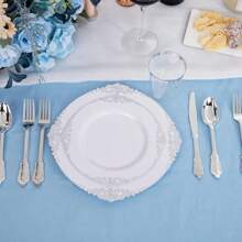 100pcs Silver Plastic Plates & White With Silver Disposable Plates & 10.25inch Silver Disposable Dinner Plates-Perfect For Picnic & Wedding & Party