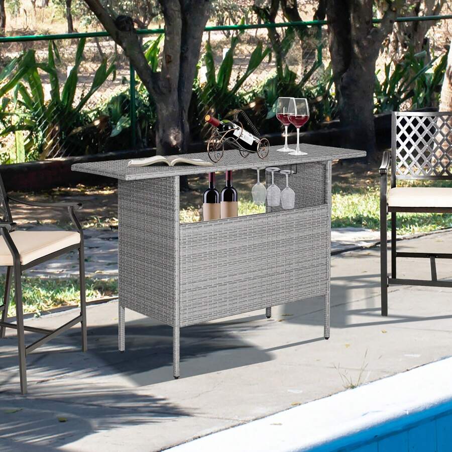 Lifezeal Patio Rattan Wicker Bar Height Counter Table Storage Shelf Rail Garden Mix Gray - Mix Gray - View 1