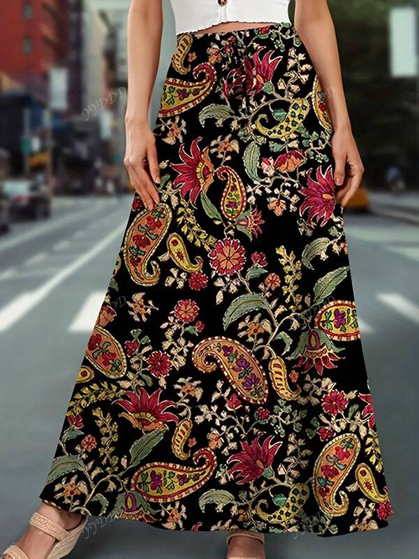 Plus Size Women Floral Print Casual Vacation Style Summer Skirt