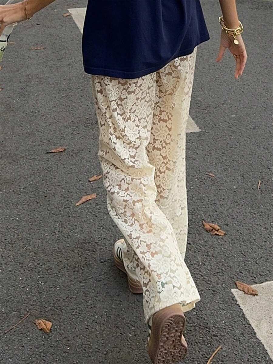 Women Wide Leg Lace Pants Casual Loose Sheer Lace High Waist Trousers For Work Office Streetwear - White - View 1