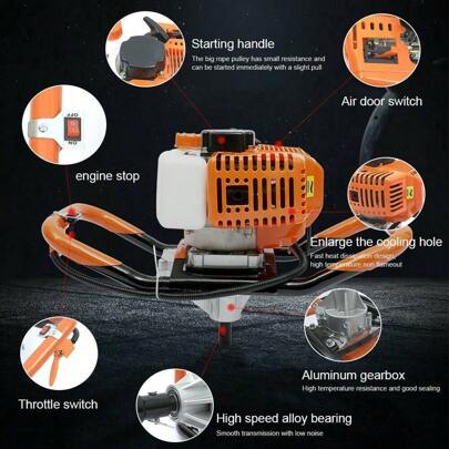  Rainaut 2-Stroke Earth Auger Digging Machine Gas Powered Post Hole Digger Durable 52CC,8500RMP, 50*21*34cm/19.69*8.27*13.39inch ( Drill Bits Not Included)