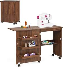 Mesa de costura plegable, mesa retráctil para máquina de coser con ruedas y puerta, armario de costura plegable para máquina de coser, armario para máquina de coser, mesita de noche para sala de estar, estudio, dormitorio - Marrón - Ver 1