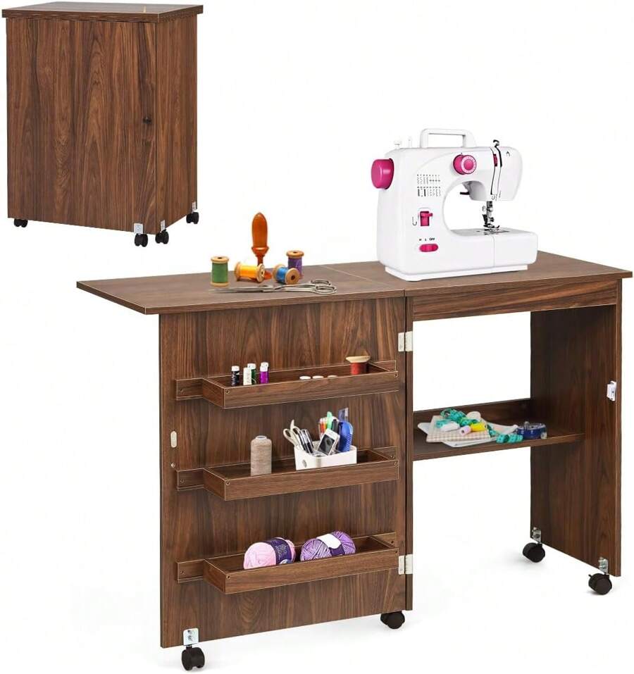 Mesa de costura plegable, mesa retráctil para máquina de coser con ruedas y puerta, armario de costura plegable para máquina de coser, armario para máquina de coser, mesita de noche para sala de estar, estudio, dormitorio - Marrón - Ver 1