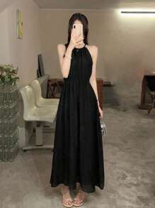 夏季女士独特设计吊带连衣裙，新款娇小长款派对连衣裙黑色 - 黑色 - 查看 5