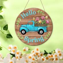 1Pc Welcome Spring Wooden Door Sign Flower Car Wall Hanging Sign For Spring Farmhouse Home Decor,Round Shape Spring Wood Wall Hanging Plaque Sign For Spring Season Theme Party Outdoor Indoor Decorations