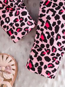 2 pièces/set Débardeur à manches courtes avec imprimé chat et cœur et pantalon imprimé léopard pour bébé fille, tenue d'été