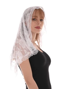 1 件新娘蕾丝边头巾面纱教堂祈祷头饰，短面纱披肩单层秋季女士服装