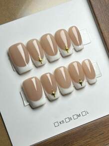 10pcs White French Manicure Nail Stickers, Elegant Minimalist Cute Handmade Full Cover Square Medium Length Nail Strips, Glossy Finish, Natural Nude & White, Duck Mouth Shape, Sophisticated Minimalist Holiday Style, Gold Decor Graceful Nails, Cute Chic Nails Suitable For Women And Girls For Daily And Party Wear, Full Cover Press On Nails Long