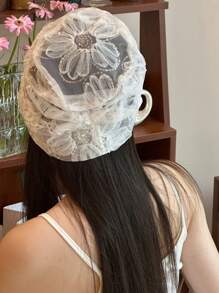 1 buc șapcă la modă cu paiete cu flori pliuri, șapcă subțire cu plasă respirabilă de vară, stil retro, potrivită pentru femeile să iasă și să călătorească