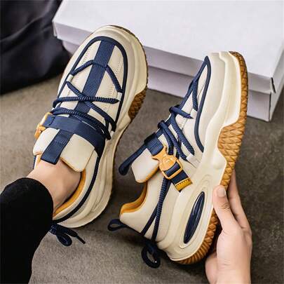 Men Casual Shoes Low-Top Thick Bottom Breathable PU Sneakers, Fashion Versatile Outdoor Sports Shoes, Chunky Sneakers, Personalized Stylish Jogging Shoes, Running Shoes, Vacation Shoes (Minor Color Difference)
