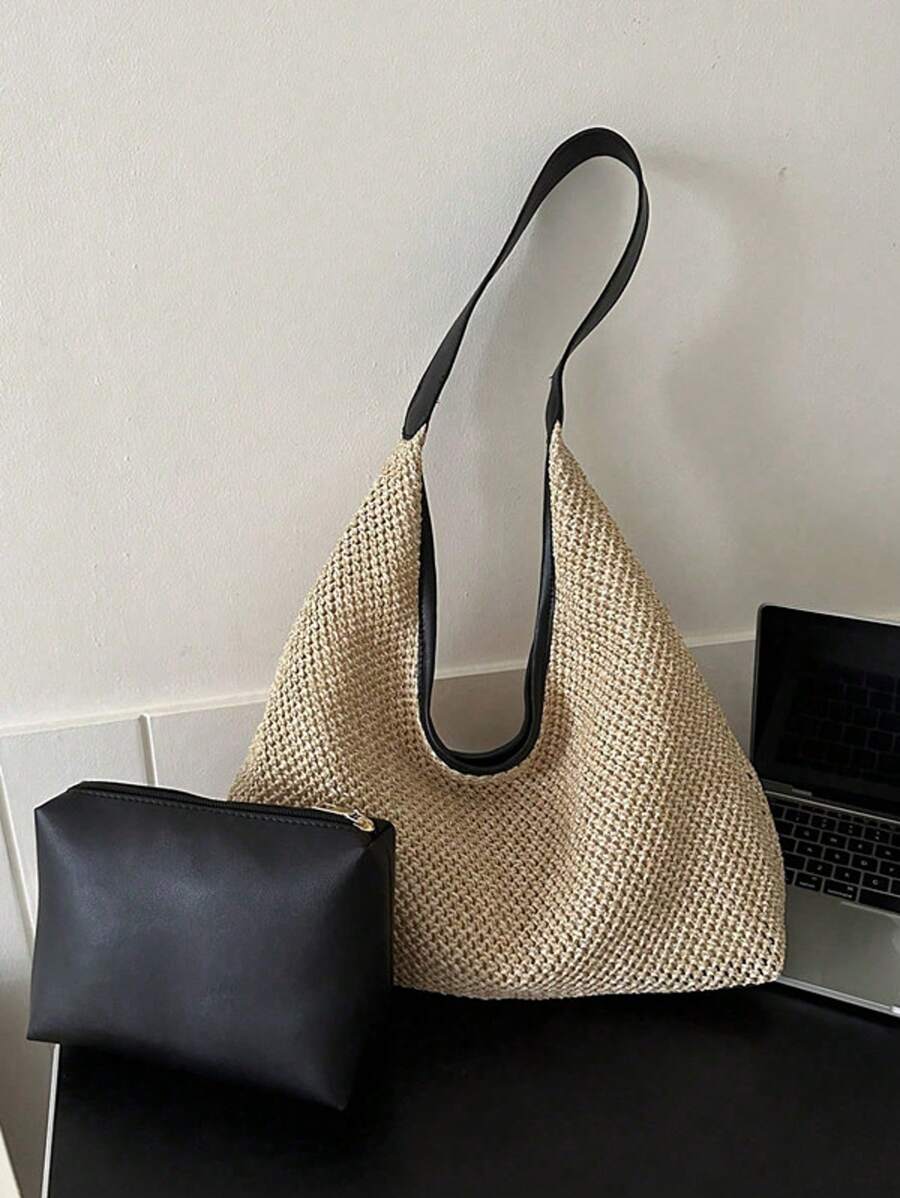 Summer Straw Shoulder Tote Bag With Small Pouch Included - Black - View 1