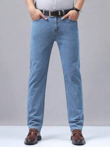 Business Style Straight Leg Stretch Jeans - Baby Blue - View 5