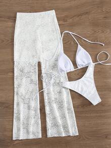 New Soft Solid Color Hollow Out Spaghetti Strap Open Back Tie Up Party Bikini Set, Summer Beach Fashion Coverup Long Pants Suit For Women - White - View 3