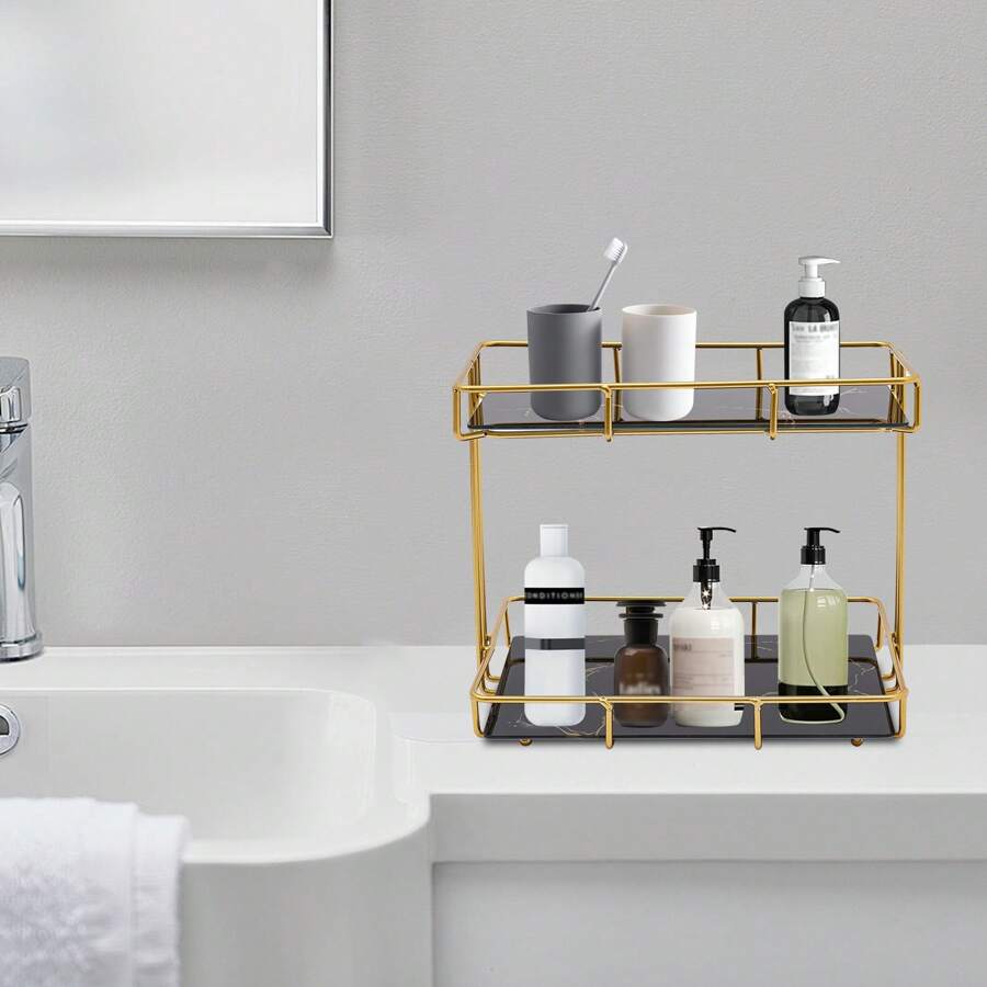 Rainaut 2 层可调节化妆品收纳架台面，金属架浴室柜台铁艺收纳架和储物架，适用于香水梳妆台厨房浴室（黑色）[送给家人和朋友的最佳礼物] 家居浴室装饰浴室收纳夏季返校