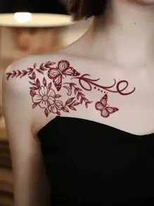 1pc Washable Temporary Tattoo Sheet, Red Butterfly & Floral Ink Painting Design, Suitable For Daily Use