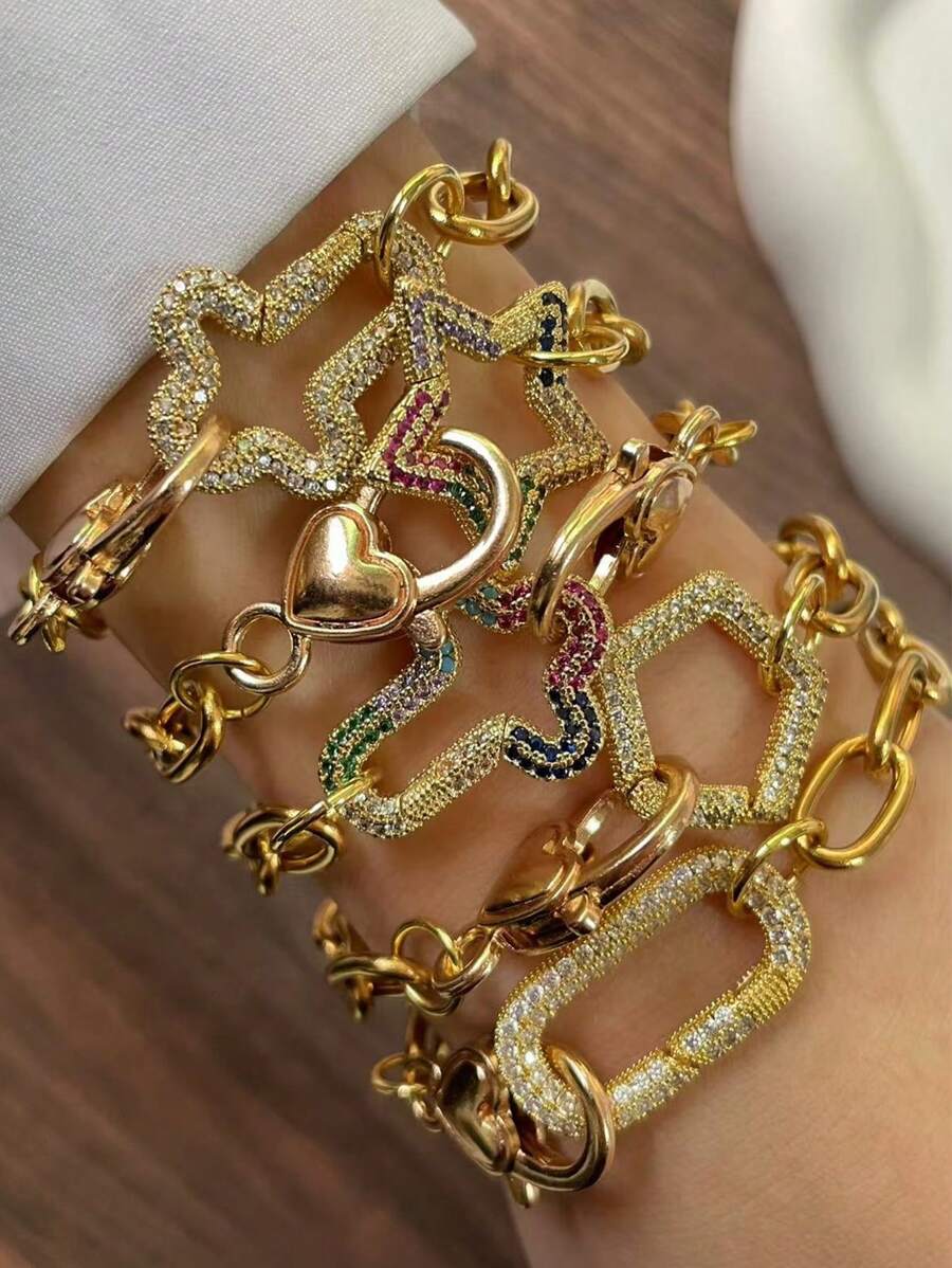 Pulseira de mosquetão de ouro STYLEVER 1 peça, pulseira de corrente de elos, pulseira de cadeado de corrente, pulseira de pingente, pulseira de fecho de parafuso, pulseira de mosquetão micro pave multicolorida