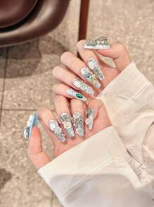 10pcs Heavy Light Blue 3D Rose Metal Butterfly Handmade Nails Acrylic Press On Nails Luxury Lolita Flower Decoration Super Long Coffin Fake Nails Reusable Nails With Jelly Glue And Nail File, DIY Nail Art Supplies, Music Festival Party Daily Wear