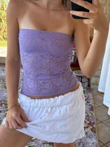 Women's Summer Sheer Lace Floral Off Shoulder Backless Slim Crop Tube Tops  Soft Top For Street  Party - 紫色 - 查看 2