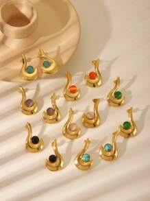 1 对欧美风格 18K 镀金不锈钢多色猫眼石几何月亮形状耳环，适合女性、女孩、日常佩戴、节日、婚礼、派对、生日作为装饰配饰或礼物