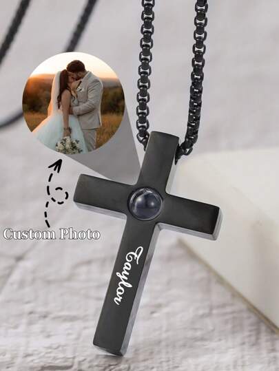 Collar personalizado con proyección de cruz, collar de proyección personalizado para hombres, collar de foto de proyección de cruz de acero inoxidable, collar de foto a color personalizado, regalo del Día del Padre, regalo conmemorativo de pareja, regalo de collar personalizado para novio, negro, plateado, dorado, elegante, colorido, vintage, simple, unisex, casual, lindo, personalizado, único, regalos ideales para él, regalos ideales para ella, ella, novio, novia, papá, mamá, familia, amigos, para aniversarios, para cumpleaños, para graduación, para baile de graduación, para fiestas