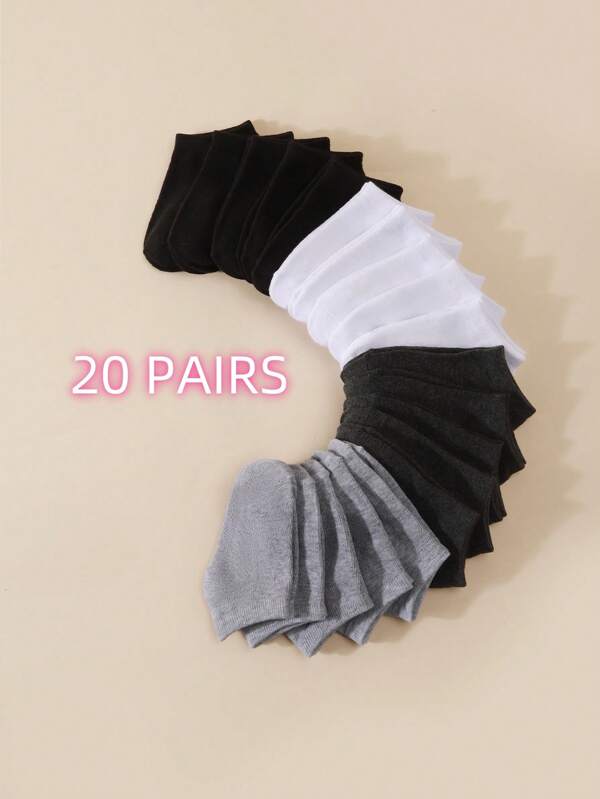 20 Pairs Of Basic Black, White, Gray, Dark Gray Simple Solid Color Socks