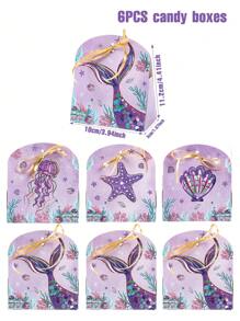 6pcs Mermaid Theme Gift Box Candy Bag With Ribbon,Mermaid Tail Design Storage Box,Biscuit Baking Box,Wedding Birthday Decoration,Babyshower Decor,Birthday Party Supplies,Under The Sea Party Decor,Goodie Bags Packaging,Mermaid Party Decor,Party Favor,Gift For Guests
