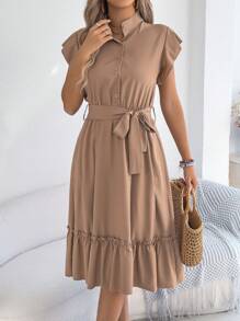 Damen Lässig einfarbiges Kleid mit Stehkragen und Rüschensaum, knielang, Frühling/Sommer - Khaki - Übersicht 4