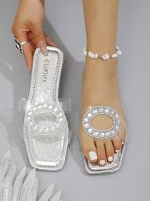 Women's Summer New Fully Rhinestone Crocodile Print Chunky Heel Sandals, Fashion Versatile Outdoor Beach Slippers