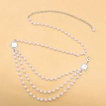 Chaîne de perles rétro élégante avec pendentif circulaire petit. Chaîne de perles superposée en trois couches avec volant latéral. Chaîne de taille/chaîne de corps pour femmes