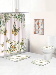 1pc/4pcs Floral Plant & Butterfly Functional Bathroom Decor Set, Includes Waterproof Shower Curtain With 12 Hooks, Anti-Slip Mat, U-Shaped Toilet Mat And Round Toilet Lid Cover, Suitable For All Bathroom Scenes