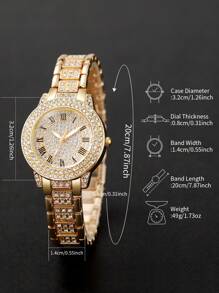 6 pièces/set Montre-bracelet à quartz analogique en acier inoxydable avec cristaux incrustés pour femmes + accessoires de bijoux en forme de cœur