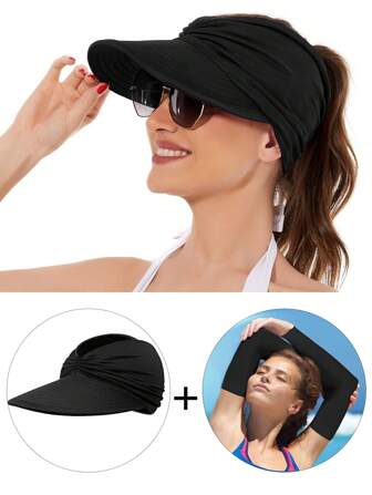 Pălării de soare + mâneci de brațe Pălărie de soare pentru femei Pălărie de soare cu boruri late Pălării de soare pentru femei cu protecție UV Pălării de plajă de vară pentru femei Vizor sport pliabile