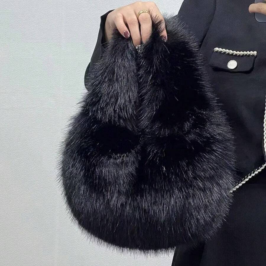 Fashion Soft Plush Half Moon Bags For Women Designer Fluffy Faux Fur Lady Handbags Luxury Small Tote Female Winter Purses - Black - View 1