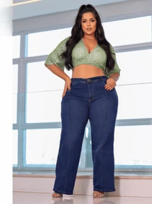Calça Jeans Flare Plus Size Wide Leggin Com Lycra Retrô moda Blogueira