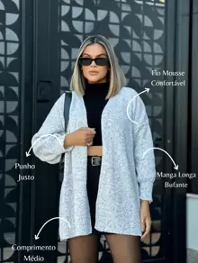 Women's Basic Knitting Mousse Puff Sleeve Cardigan - Light Grey - View 2