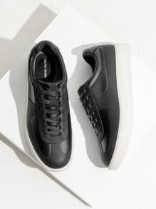 Men's Classic Textured Lace-Up Fashion Sneakers With Cushioned Support  Business Casual Shoes - 黑色 - 查看 5