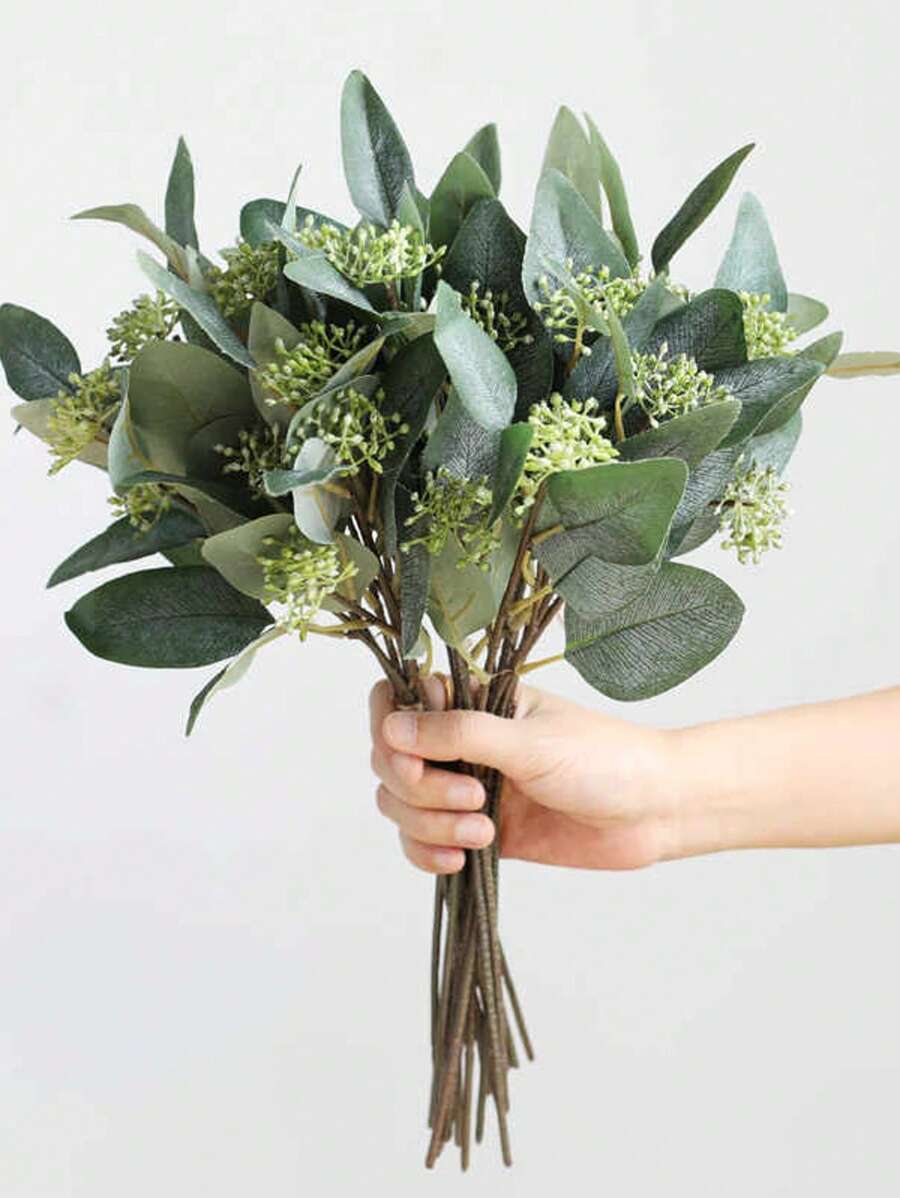 Set de 6/10/20 piezas de hojas y tallos de eucalipto artificiales mixtos, hojas de eucalipto ovaladas con semillas blancas, utilizados para arreglos florales, ramos de boda, decoración, decoración otoñal, decoración de mesa, decoración de jardín, decoración de habitación, regalo de San Valentín