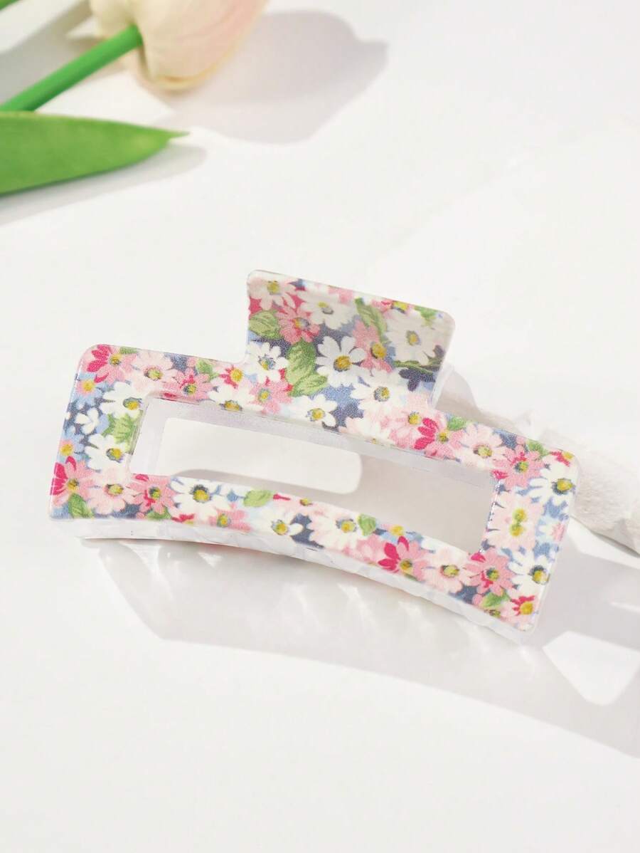 1 pieza Pinza de pelo cuadrada de plástico para niñas con estampado floral diminuto, para uso diario
