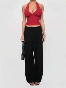 Women's Halter Neck Tank Tops Sleeveless Open Back Solid Color Slim Fit Top Party Shirts - Red - View 2