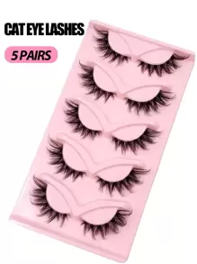 Asiteo 5 Pairs Cat Eye False Eyelashes, Soft & Fluffy, 3D Faux Mink Lashes, Natural & Lengthening Lash Extensions, Makeup Accessories - 黑色 - 查看 2