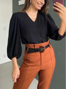 Women's Formal Blouse With Elegant Tailored Sleeves Plus Size - Black - View 1