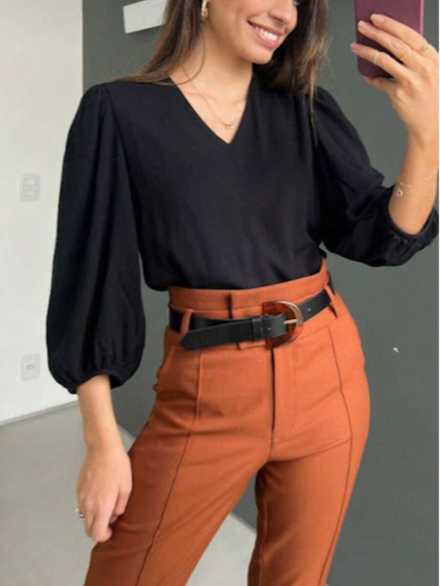 Women's Formal Blouse With Elegant Tailored Sleeves Plus Size - Black - View 1