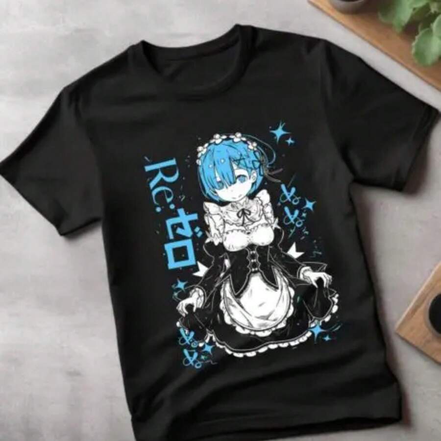 Re Zero Shirt, Re Zero T-Shirt, Emilia, Ram, Subaru,Anime Tee, Waifu, Kawa - 黑色 - 查看 1
