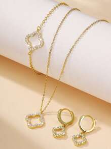 Winglove 1pc Pure Silver Pentagonal Flower Necklace, 1 Pair Of Pure Silver Earrings And 1pc Pure Silver Ring Jewelry Set, Featuring An Anti-Allergenic Design With Passionate With A Simple Yet Elegant Square-Shaped Cubic Zirconia, Highlighting Your Refined, Romantic And Versatile Elegant. - Yellow Gold - View 1