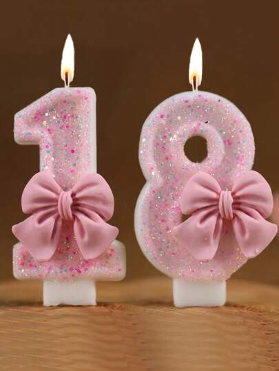 1pc 0-9 Birthday Number Candle With Pink Bow Decoration, Digital Number Cake Topper Candle For Birthday Cake, Wedding Anniversary, Engagement, Graduation Party Cake Decor Gifts