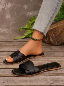 Dép đế bằng cho nữ, dép đi trong nhà thoải mái, thiết kế khóa, giày đi biển giải trí - màu đen - Xem 4